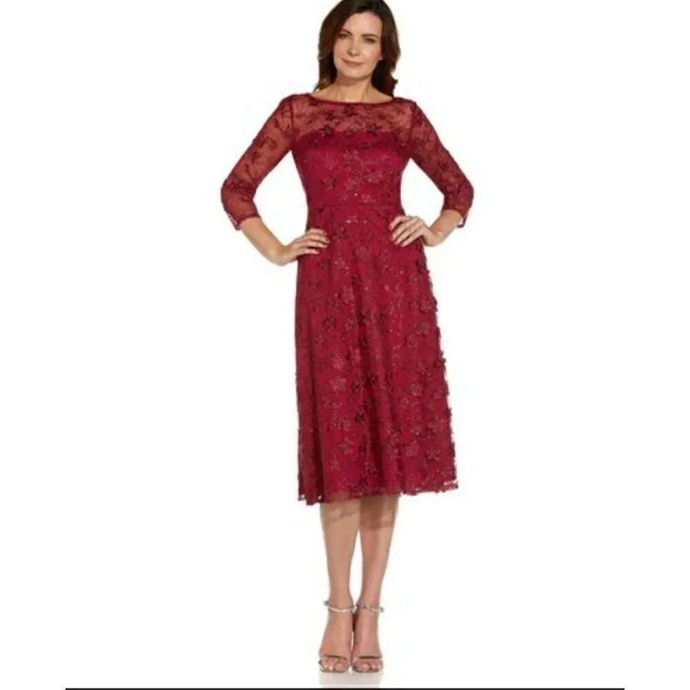 Adrianna Papell Size 6 Women's Sequin Embroidery Flared Midi Q16